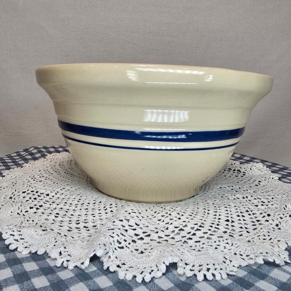 Vintage Friendship Pottery Goose Mixing Bowl Blue Stripe Roseville Ohio USA